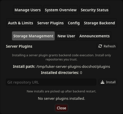 Admin Panel with the Server Plugins tab open