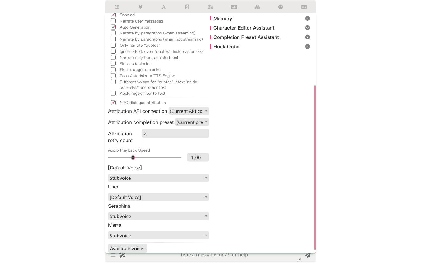 TTS settings panel