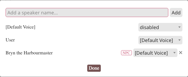 Voice map popup with an NPC row