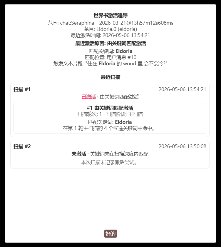 世界书激活追踪弹窗
